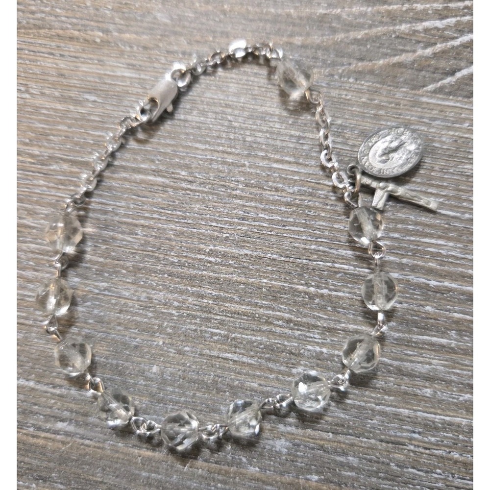 Pair Of Catholic Bracelets In Silver Tone With Roses, Saints, and Crucifix - Picture 3 of 6